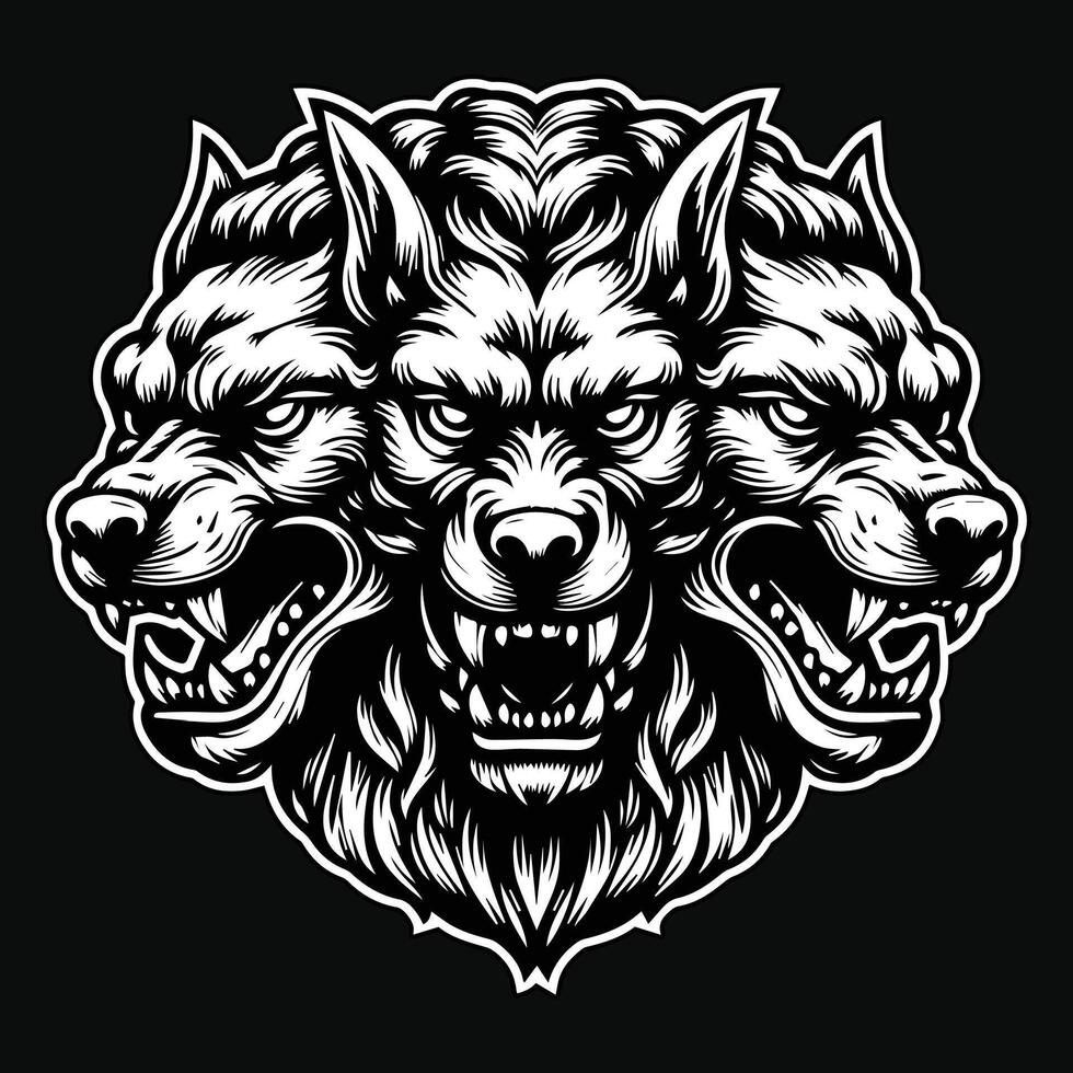 Dark Art Cerberus Dog Head Black and White Illustration vector