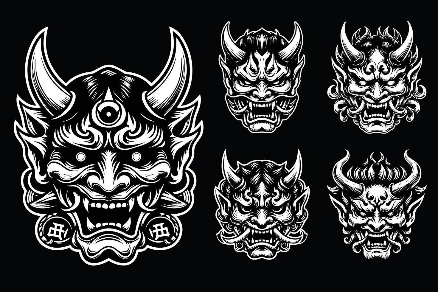 Dark Art Scary Japanese Hannya Mask Black and White Illustration vector
