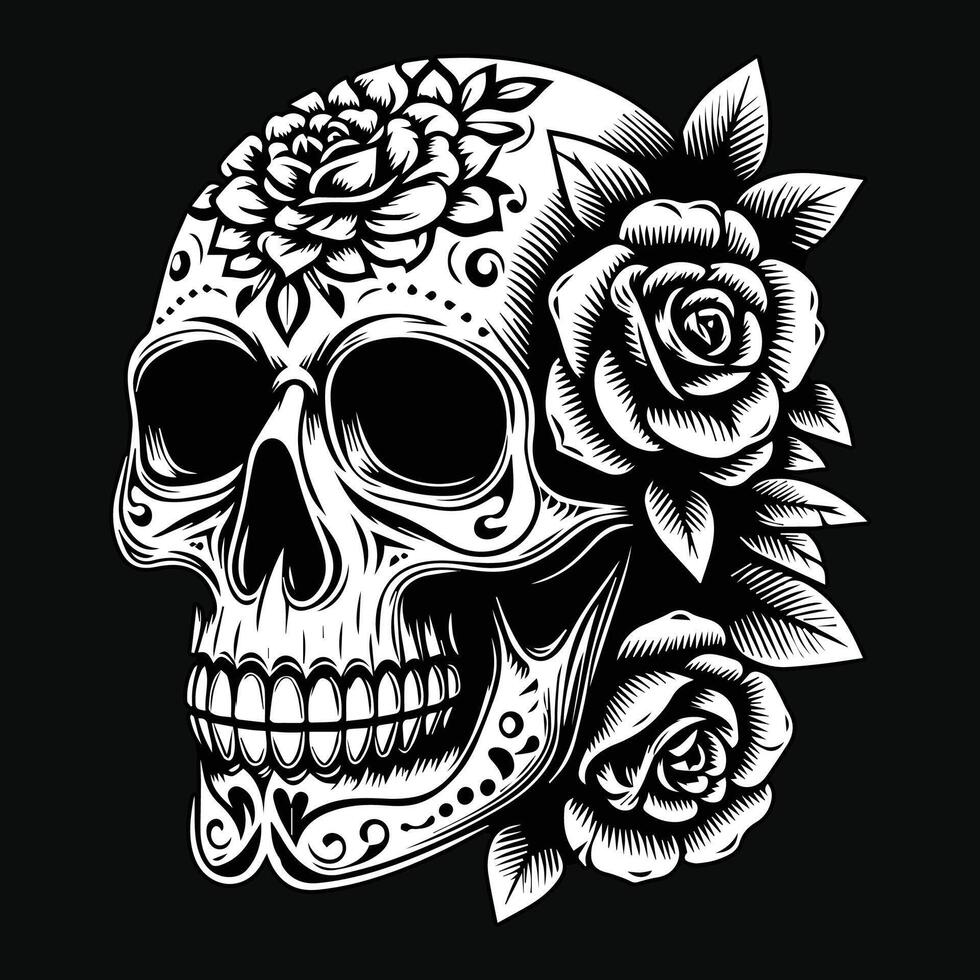 Dark Art Skull Head with Flower Black and White Illustration vector