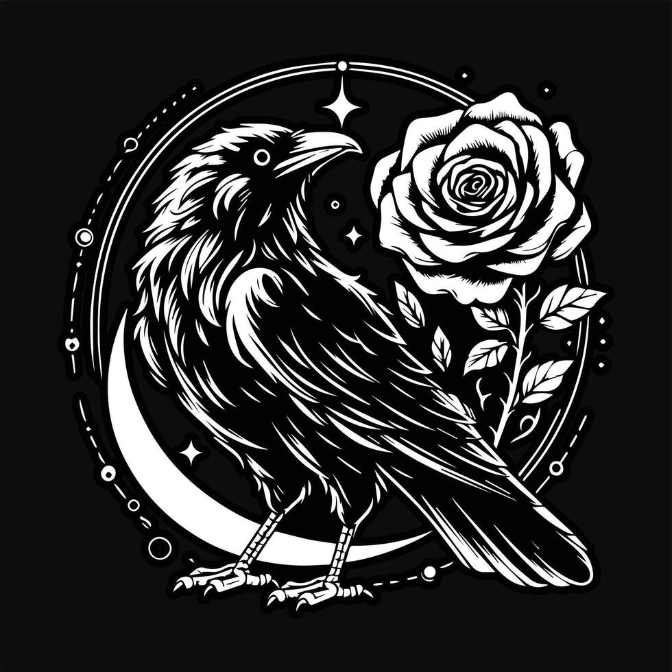 Crow Head with Rose Flower Grunge Vintage Style Hand Drawn Illustration Black and White vector