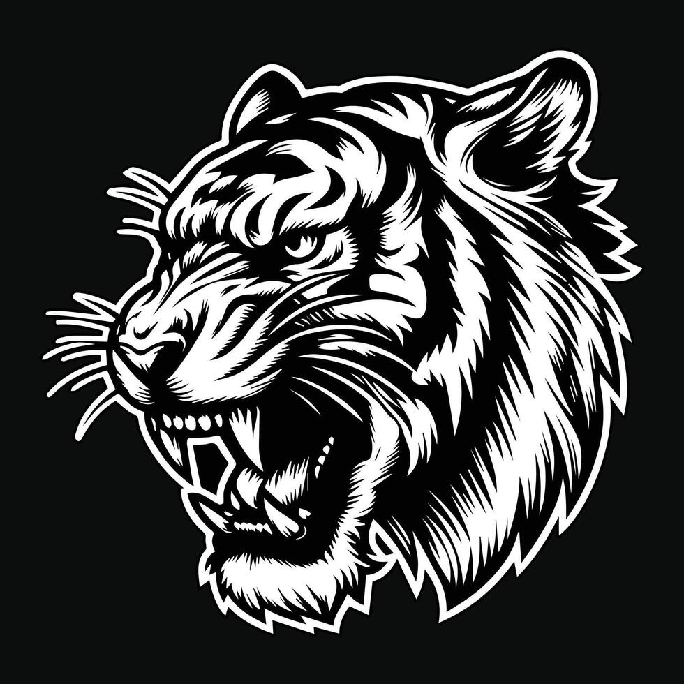 Dark Art Angry Beast Tiger Head Black and White Illustration vector