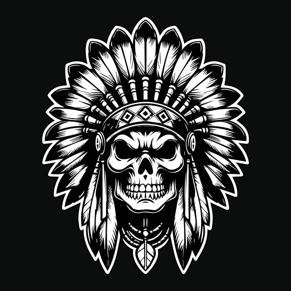 Dark Art Indian Skull Head with Indian Hat Black and White Illustration vector