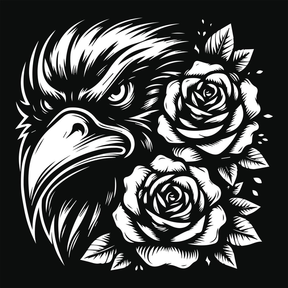 Crow Head with Rose Flower Grunge Vintage Style Hand Drawn Illustration Black and White vector