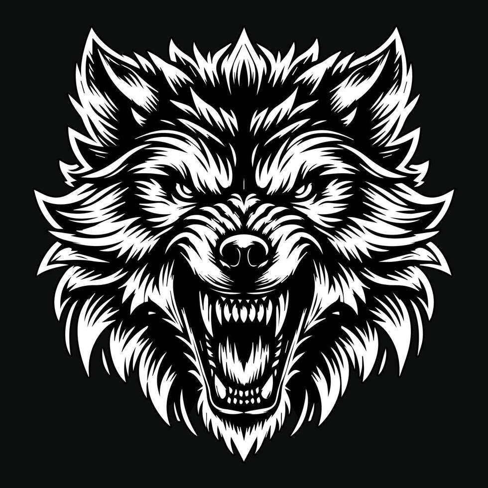 oscuro Arte enojado lobo cabeza negro y blanco ilustración vector