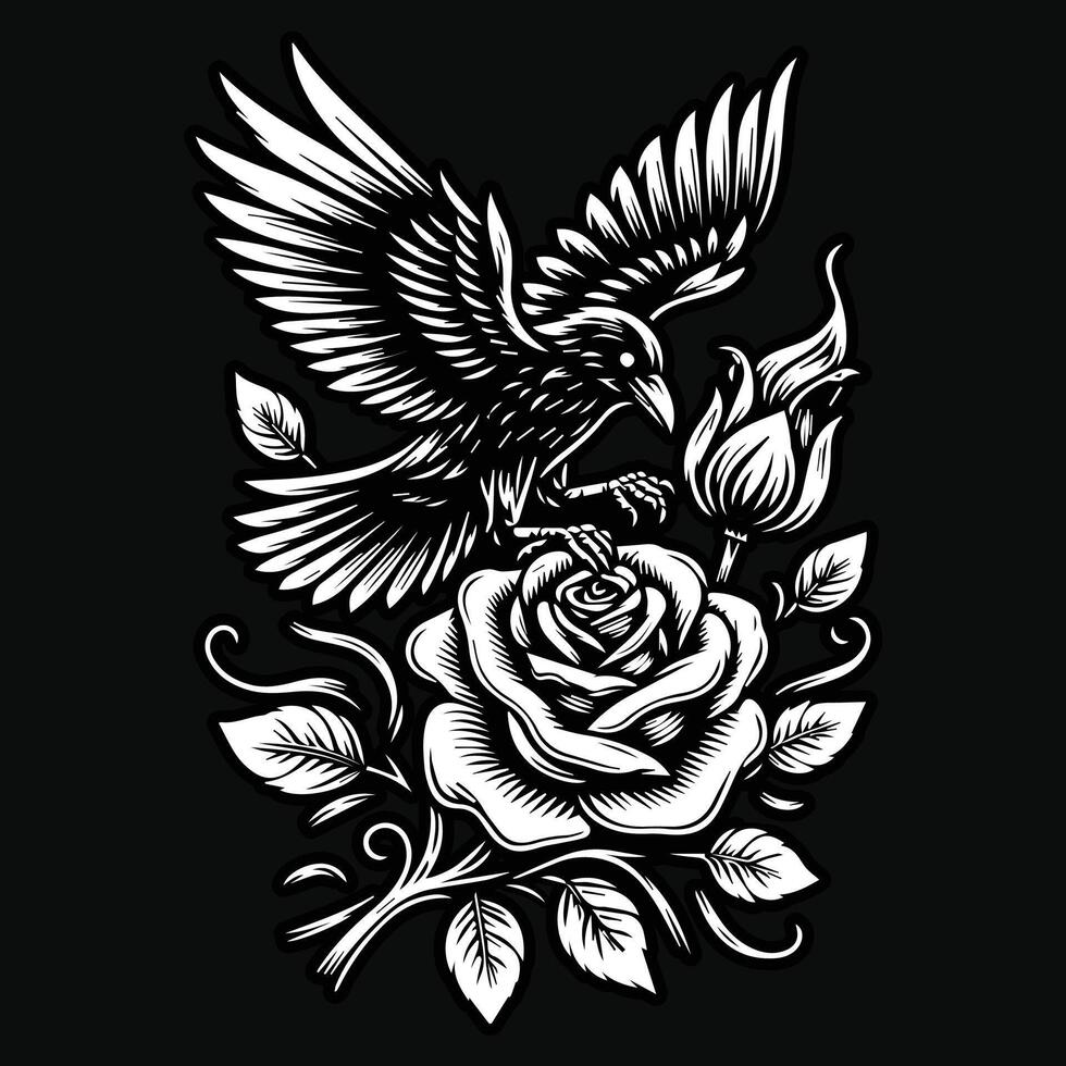 Crow Stand with Rose Flower Grunge Vintage Style Hand Drawn Illustration Black and White vector