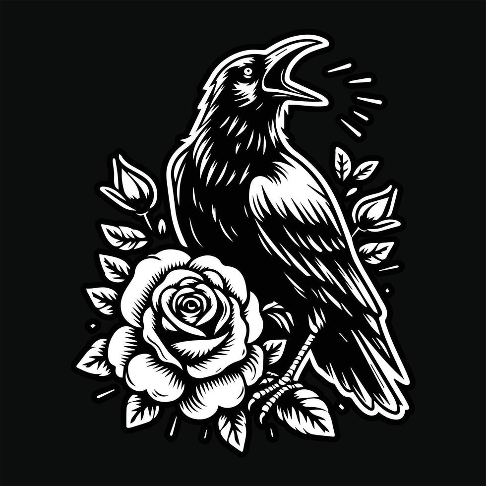 Crow Head with Rose Flower Grunge Vintage Style Hand Drawn Illustration Black and White vector