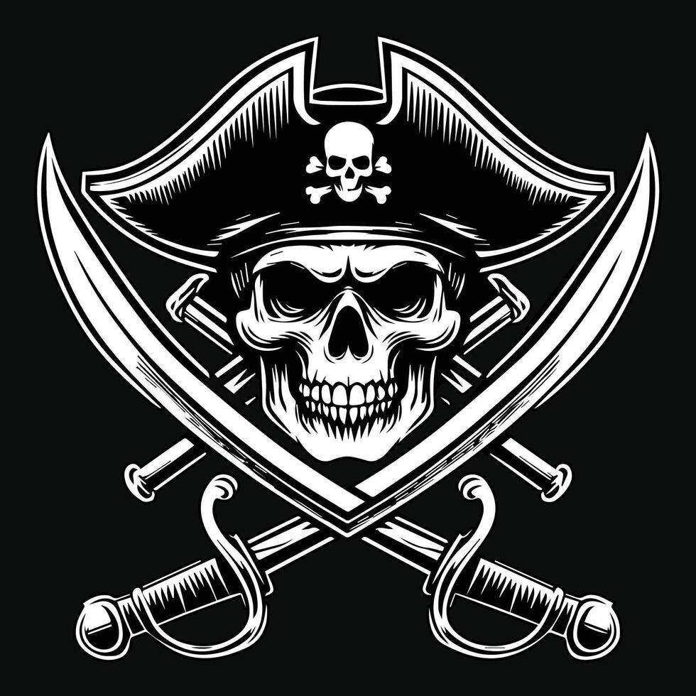 oscuro Arte piratas cráneo cabeza con sombrero piratas negro y blanco ilustración vector