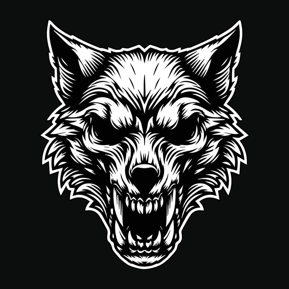 Dark Art Skull Angry Beast Wolf Head Black and White Illustration vector