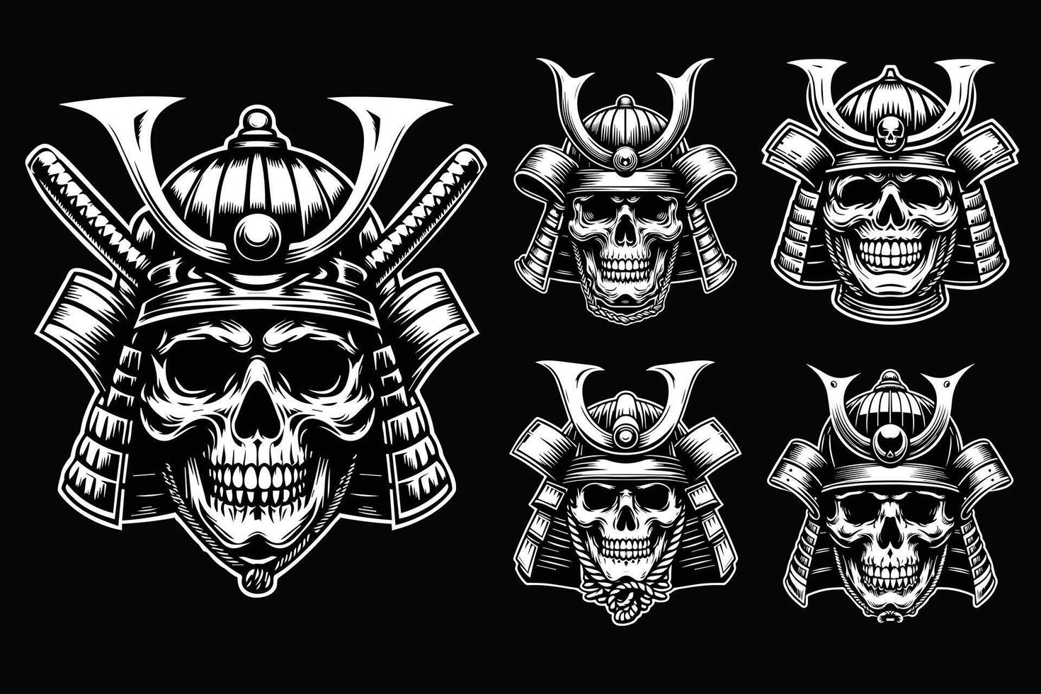 Dark Art Skull Samurai Japanese Head Black and White Illustration vector