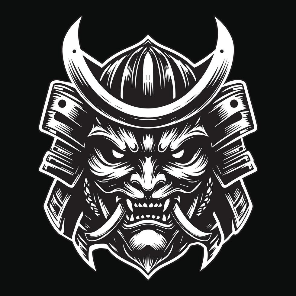 oscuro Arte de miedo japonés samurai máscara negro y blanco ilustración vector