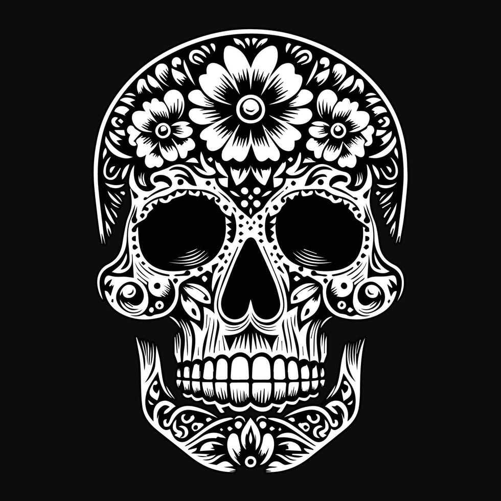 Dark Art Skull Head with Flower Black and White Illustration vector