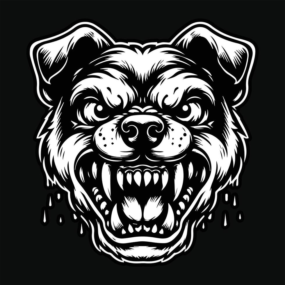 Dark Art Dog Angry Head with Sharp Teeth Black and White Illustration vector
