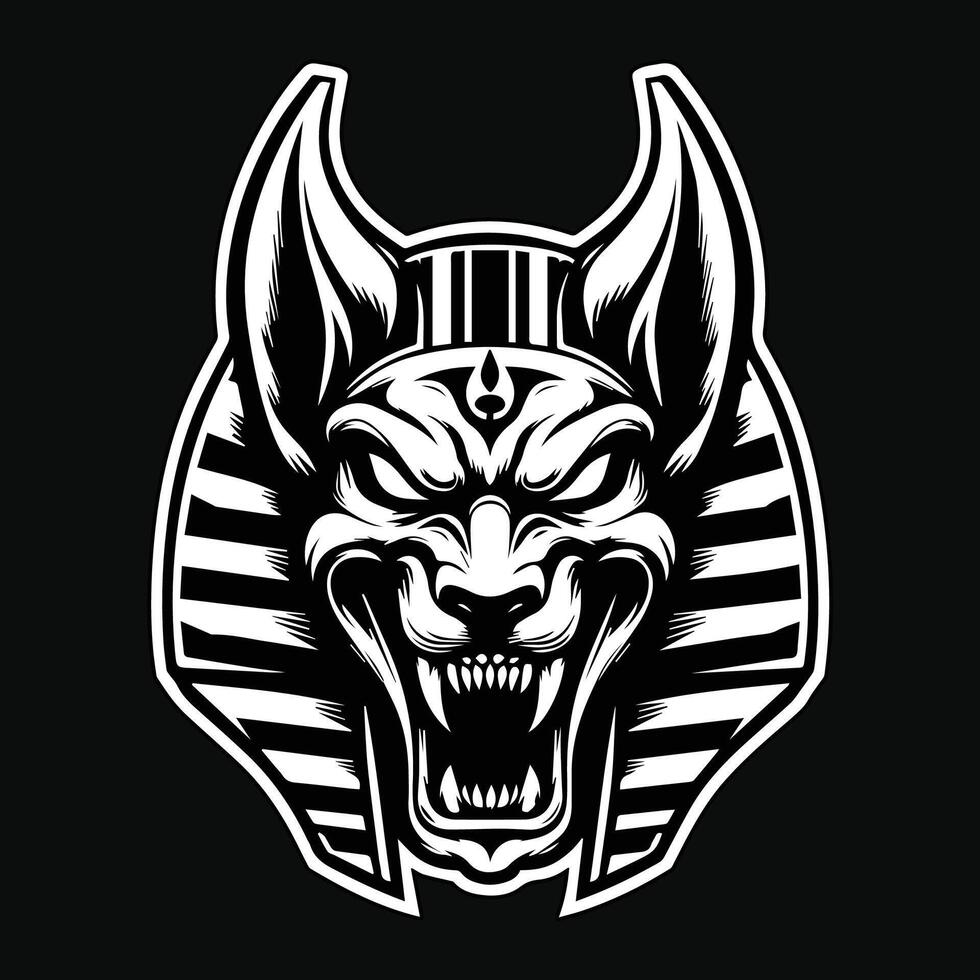 Dark Art Angry Anubis Head Black and White Illustration vector