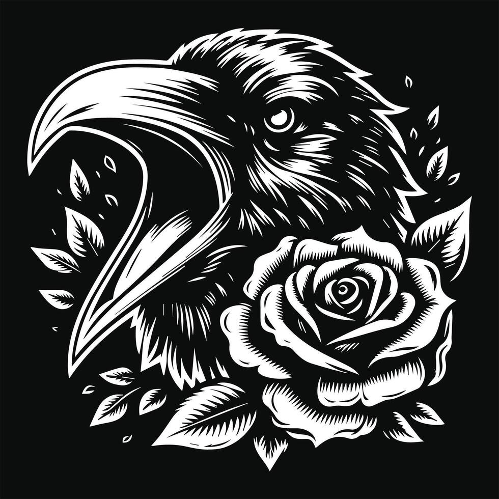 Crow Head with Rose Flower Grunge Vintage Style Hand Drawn Illustration Black and White vector