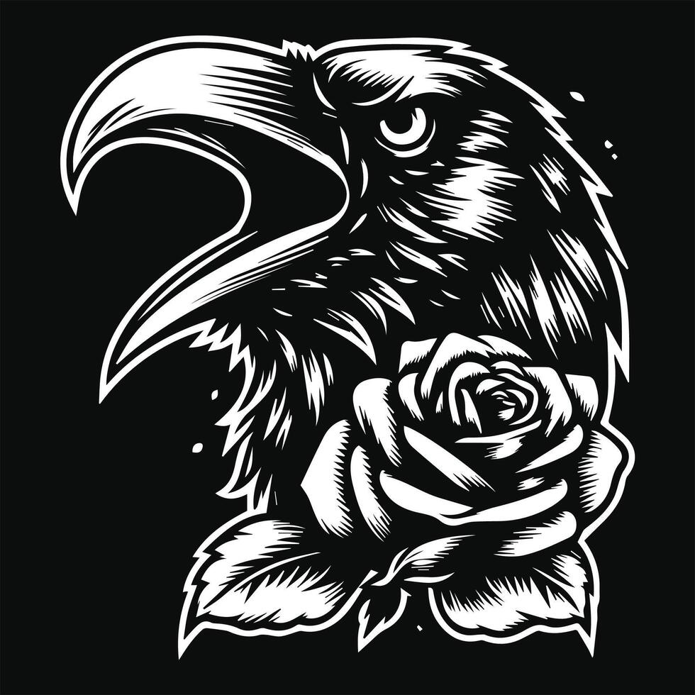 cuervo cabeza con Rosa flor grunge Clásico estilo mano dibujado ilustración negro y blanco vector