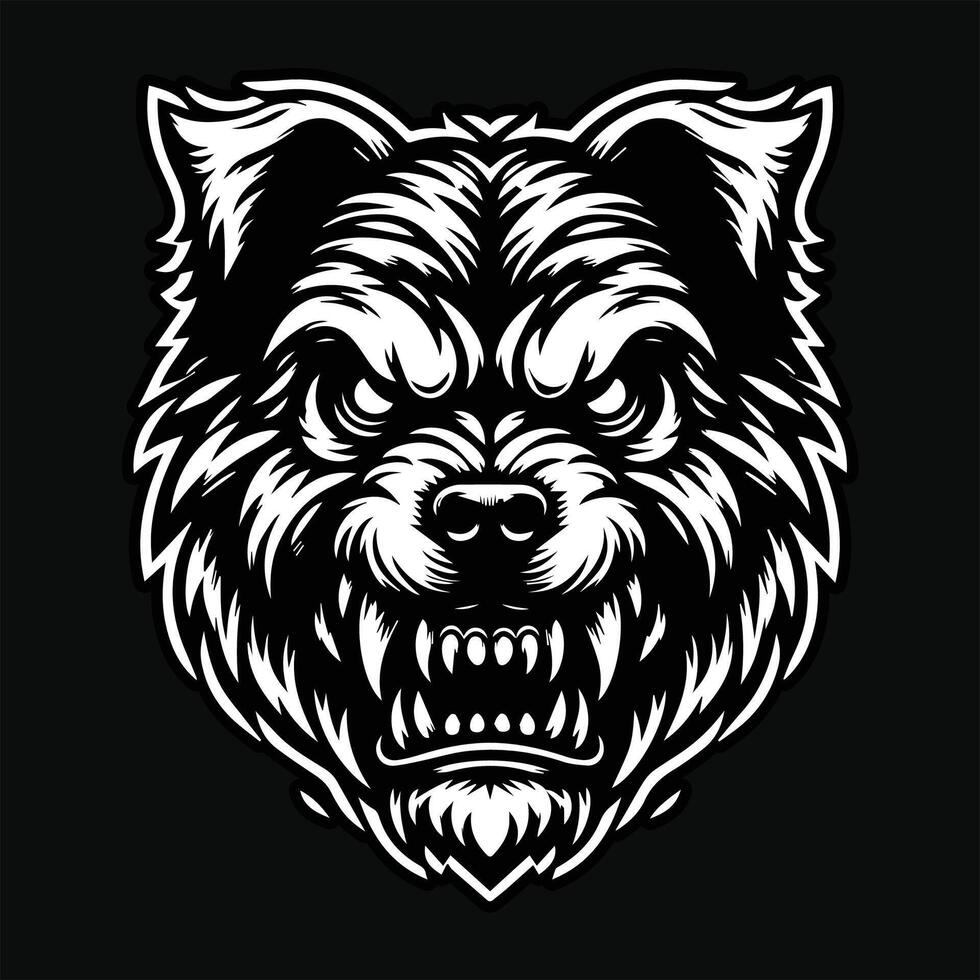 Dark Art Dog Angry Head with Sharp Teeth Black and White Illustration vector
