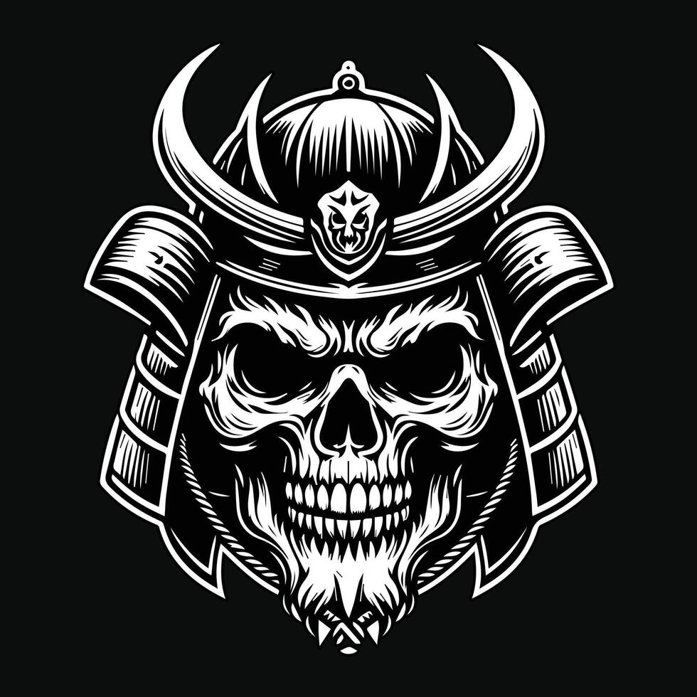 Dark Art Skull Samurai Japanese Head Black and White Illustration vector