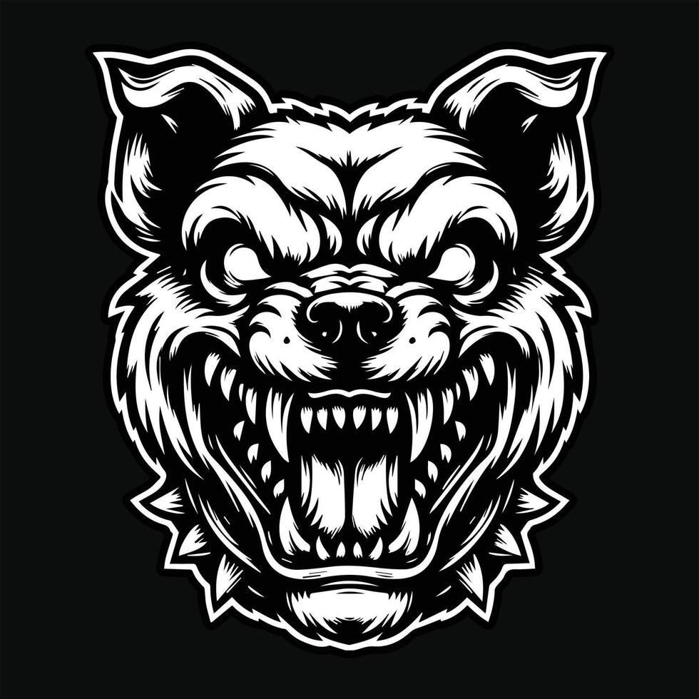 Dark Art Dog Angry Head with Sharp Teeth Black and White Illustration vector