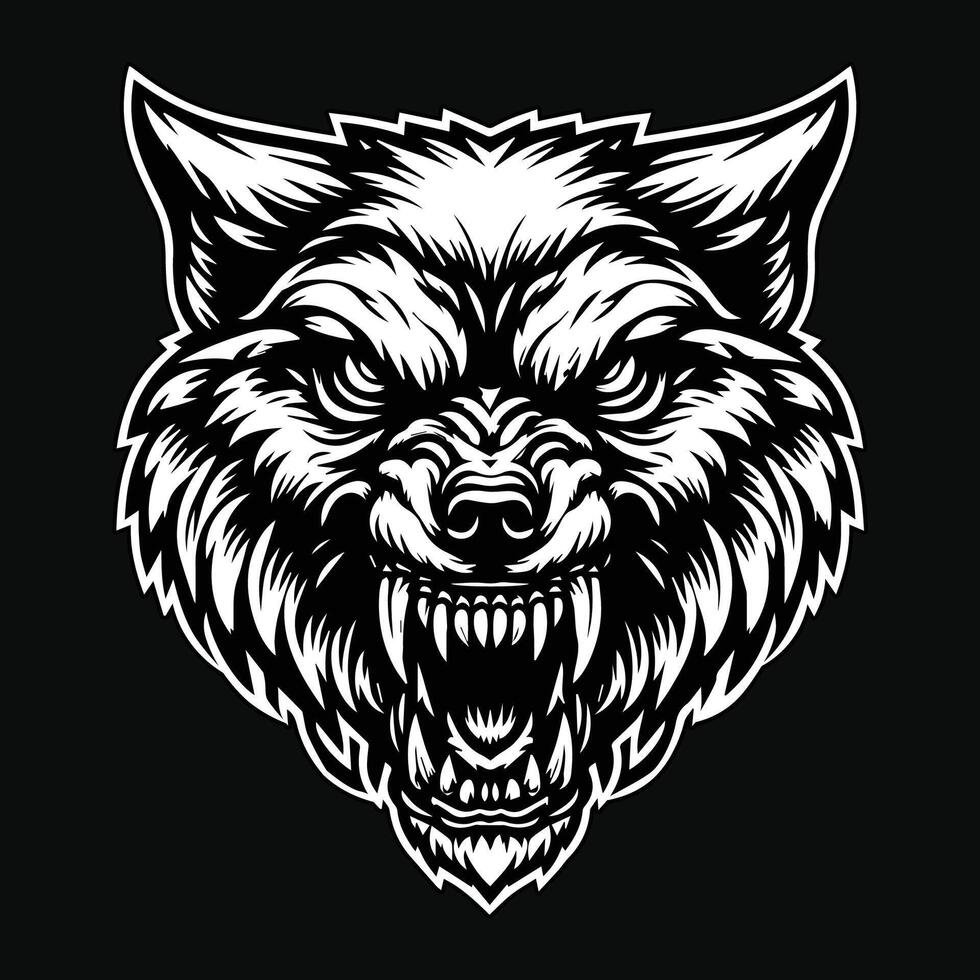 oscuro Arte cráneo enojado bestia lobo cabeza negro y blanco ilustración vector