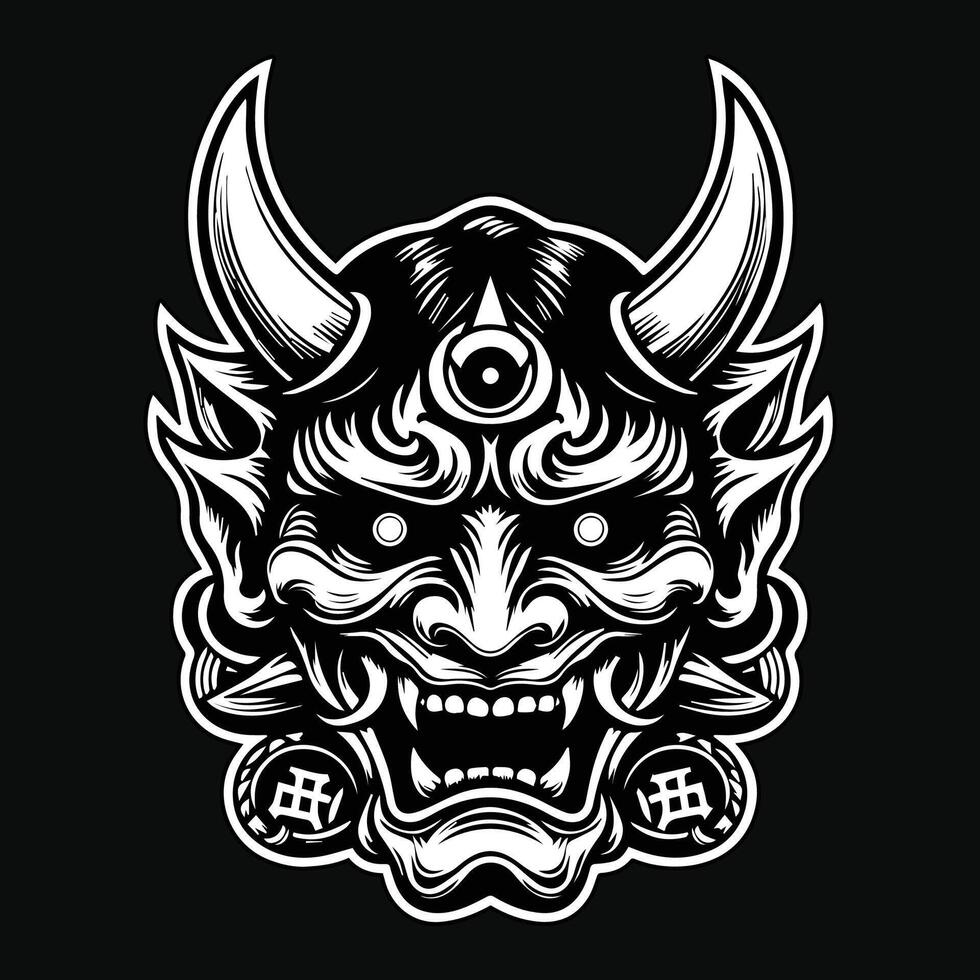 Dark Art Scary Japanese Hannya Mask Black and White Illustration vector