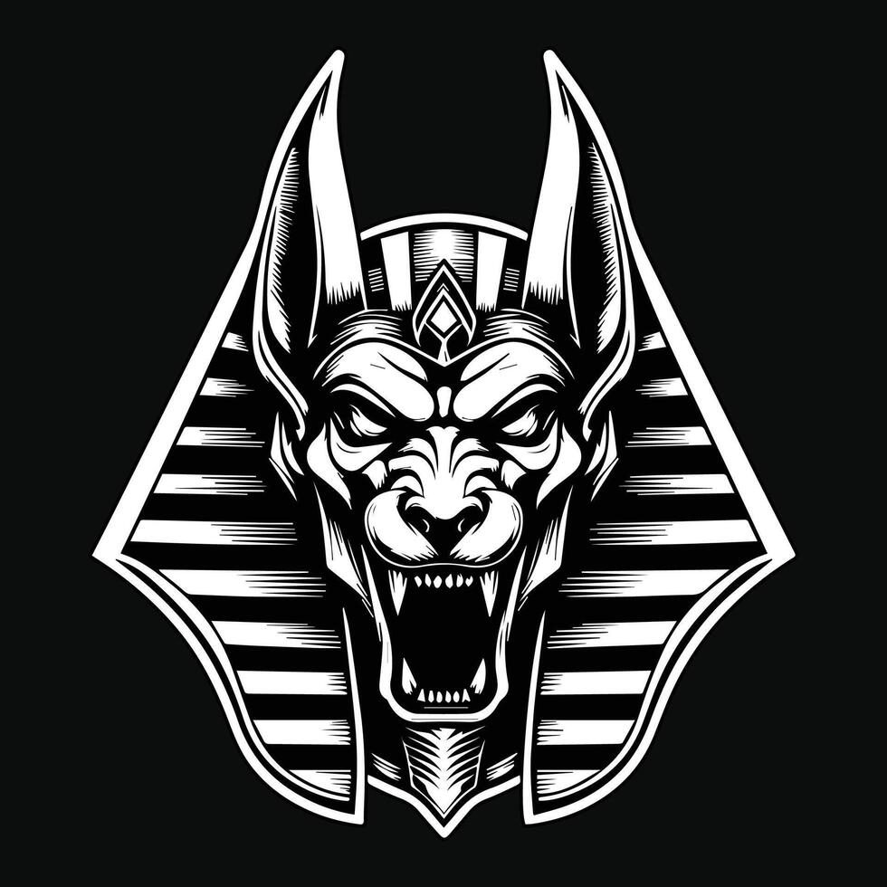 Dark Art Angry Anubis Head Black and White Illustration vector