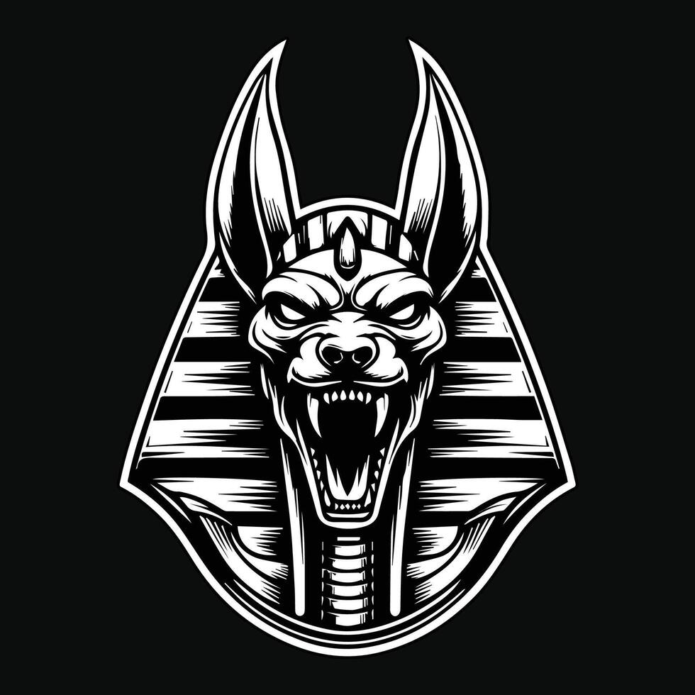 Dark Art Angry Anubis Head Black and White Illustration vector