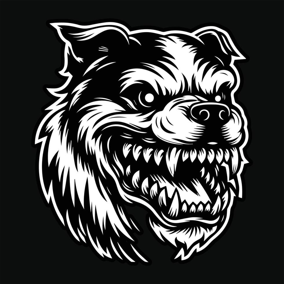 Dark Art Dog Angry Head with Sharp Teeth Black and White Illustration vector