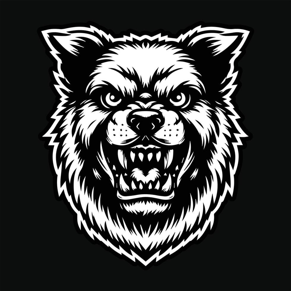 Dark Art Dog Angry Head with Sharp Teeth Black and White Illustration vector