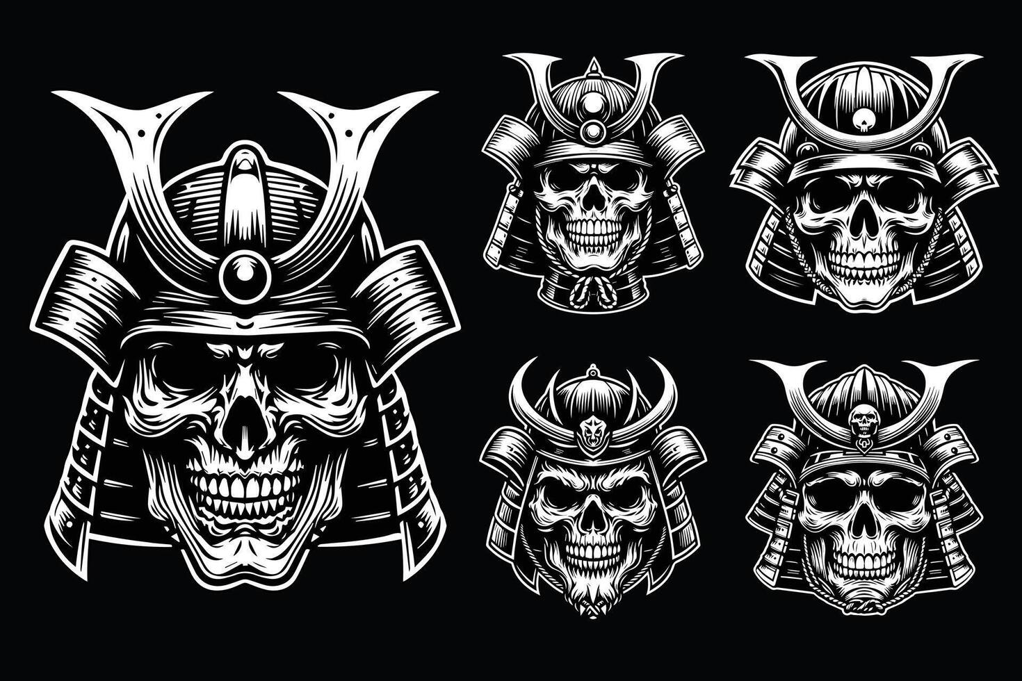Dark Art Skull Samurai Japanese Head Black and White Illustration vector