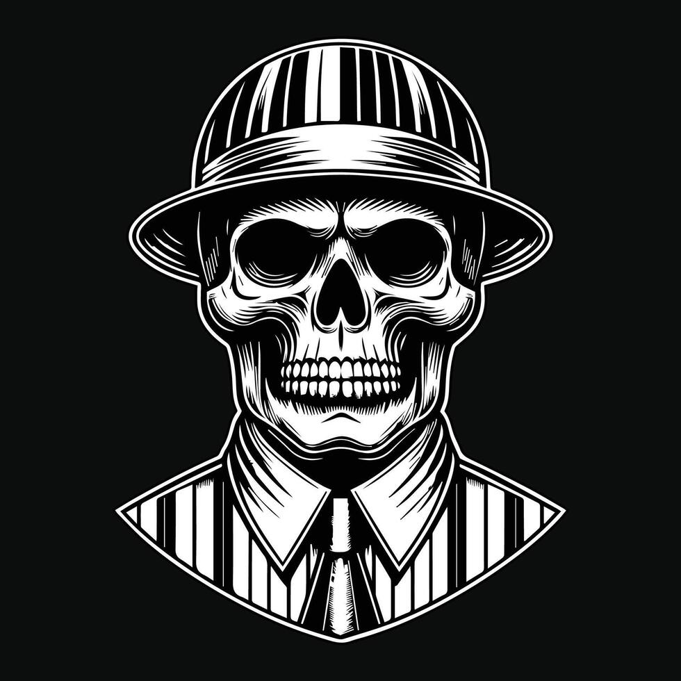 Dark Art Skull Mafia Head with Hat and Collar Black and White Illustration vector