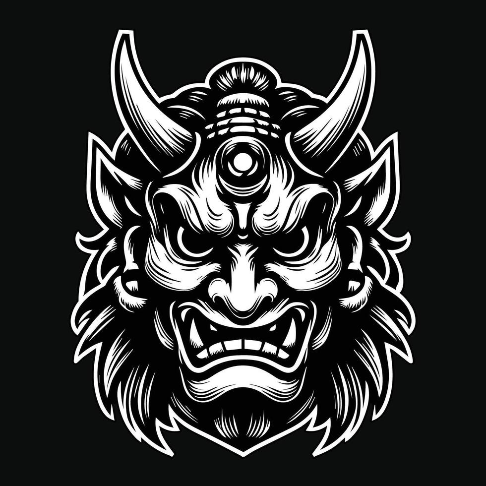 Dark Art Scary Japanese Oni Mask Black and White Illustration vector