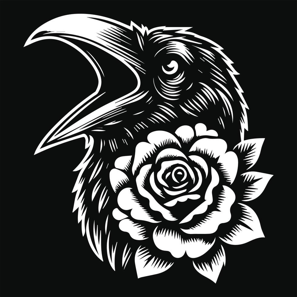 Crow Head with Rose Flower Grunge Vintage Style Hand Drawn Illustration Black and White vector