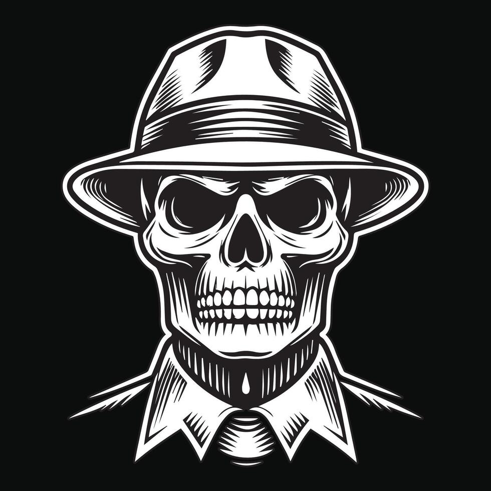 Dark Art Skull Mafia Head with Hat and Collar Black and White Illustration vector