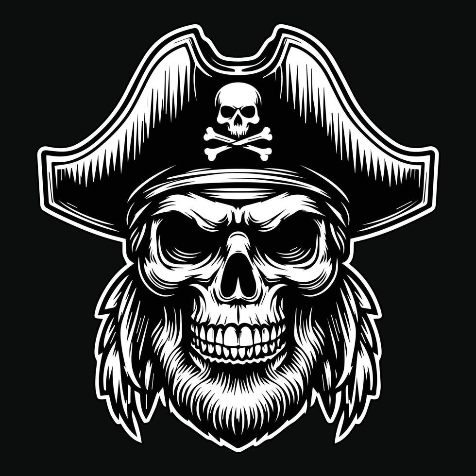 Dark Art Pirates Skull Head with Hat Pirates Black and White Illustration vector