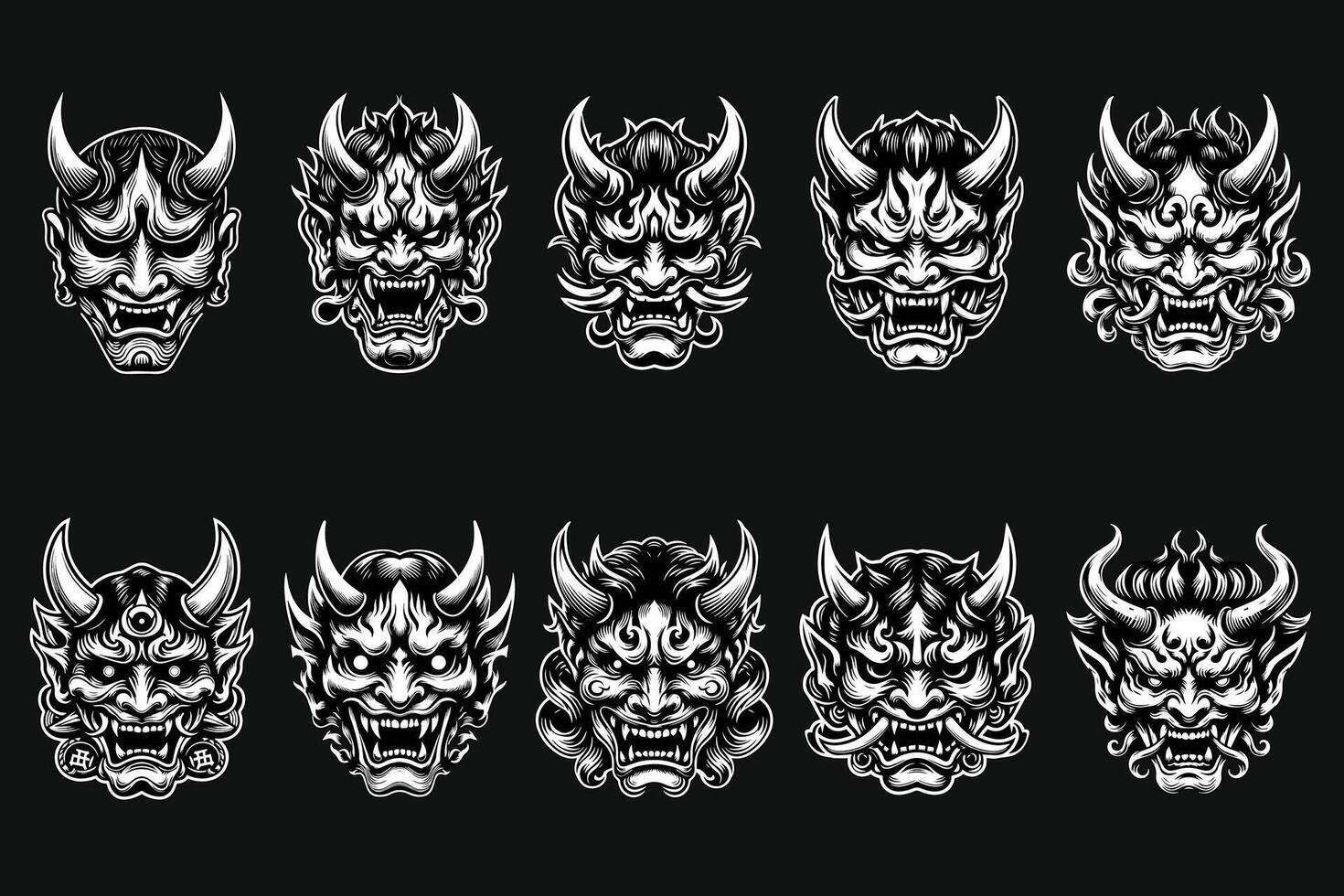 Dark Art Scary Japanese Hannya Mask Black and White Illustration vector