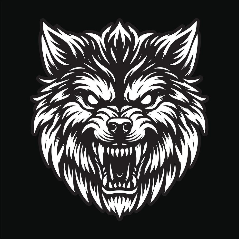 oscuro Arte lobo enojado de miedo cabeza negro y blanco ilustración vector