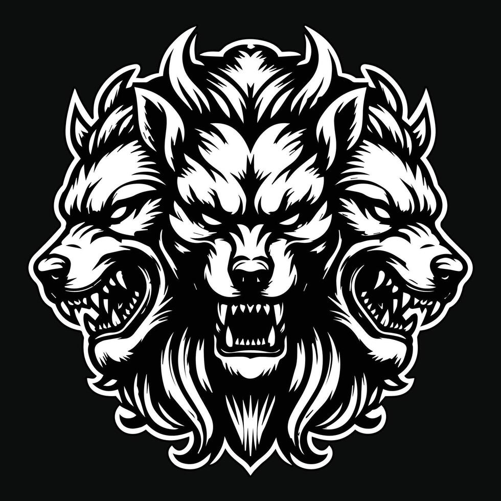 Dark Art Cerberus Dog Head Black and White Illustration vector