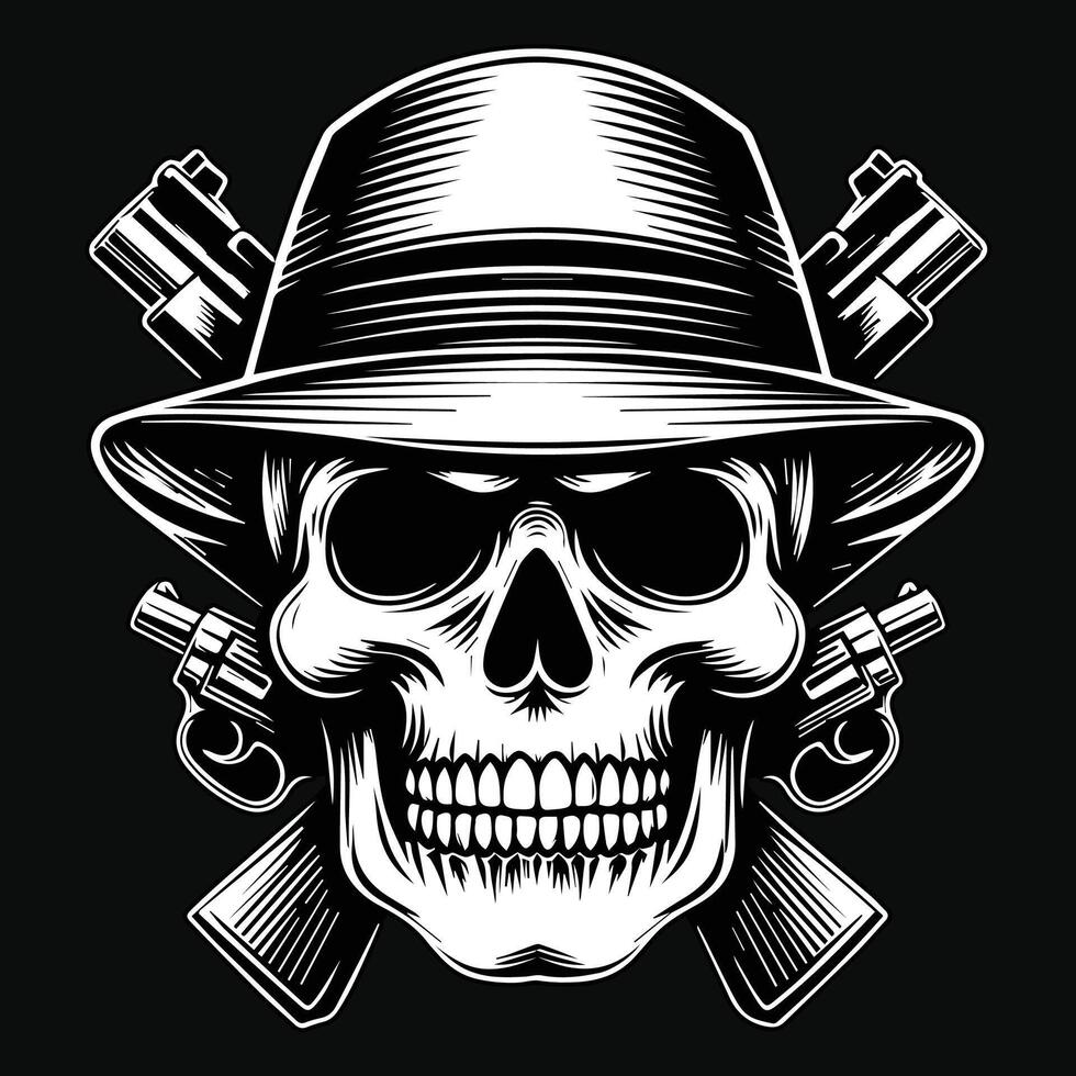 Dark Art Pirates Skull Head with Hat Pirates Black and White Illustration vector