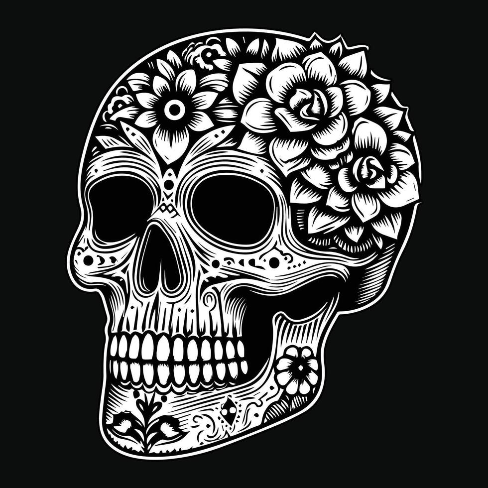 Dark Art Skull Head with Flower Black and White Illustration vector