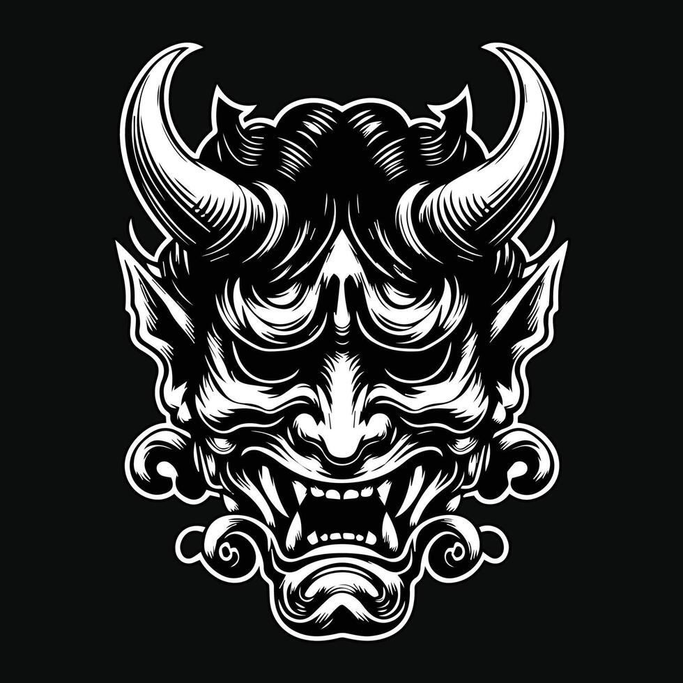 oscuro Arte de miedo japonés oni máscara negro y blanco ilustración vector