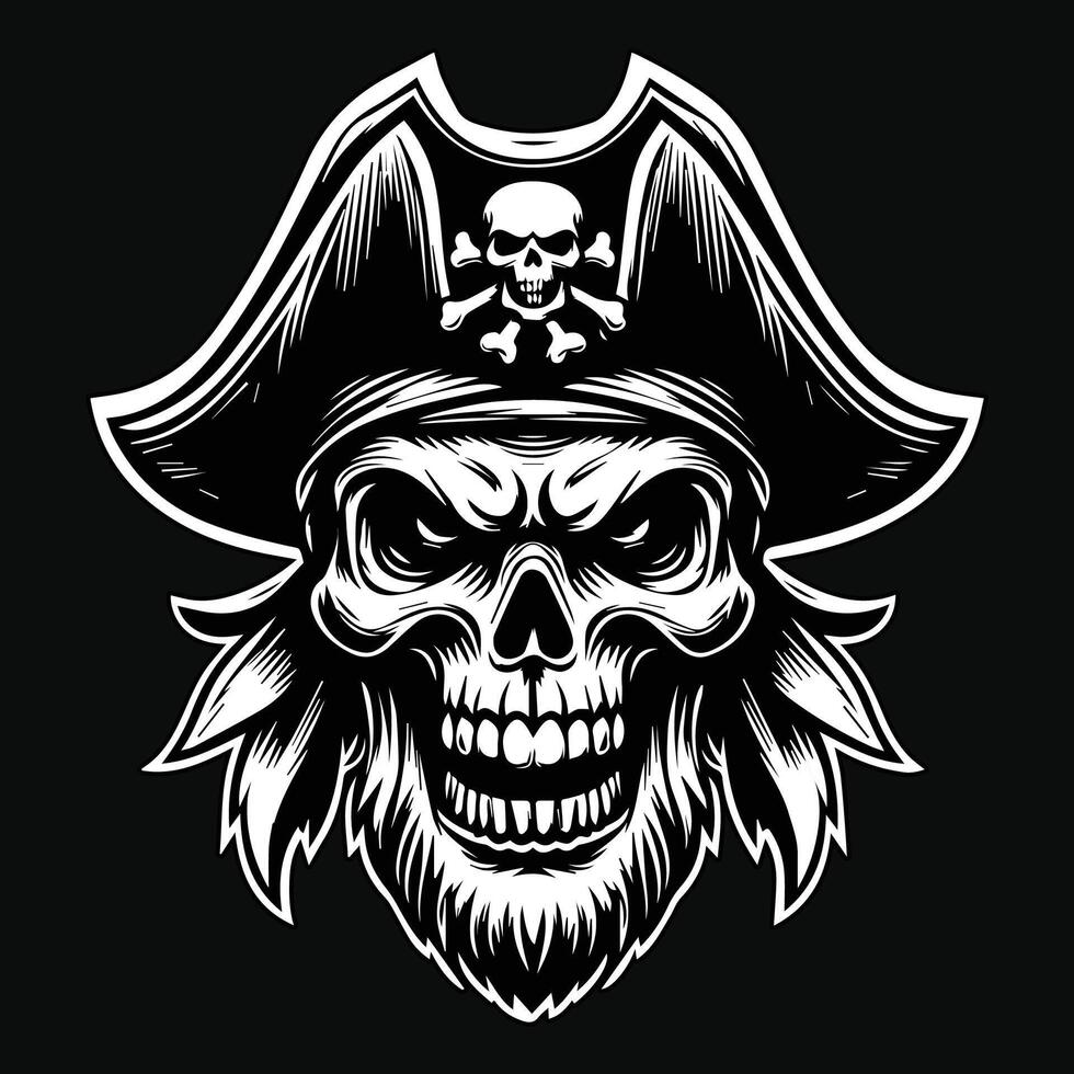 oscuro Arte piratas cráneo cabeza con sombrero piratas negro y blanco ilustración vector