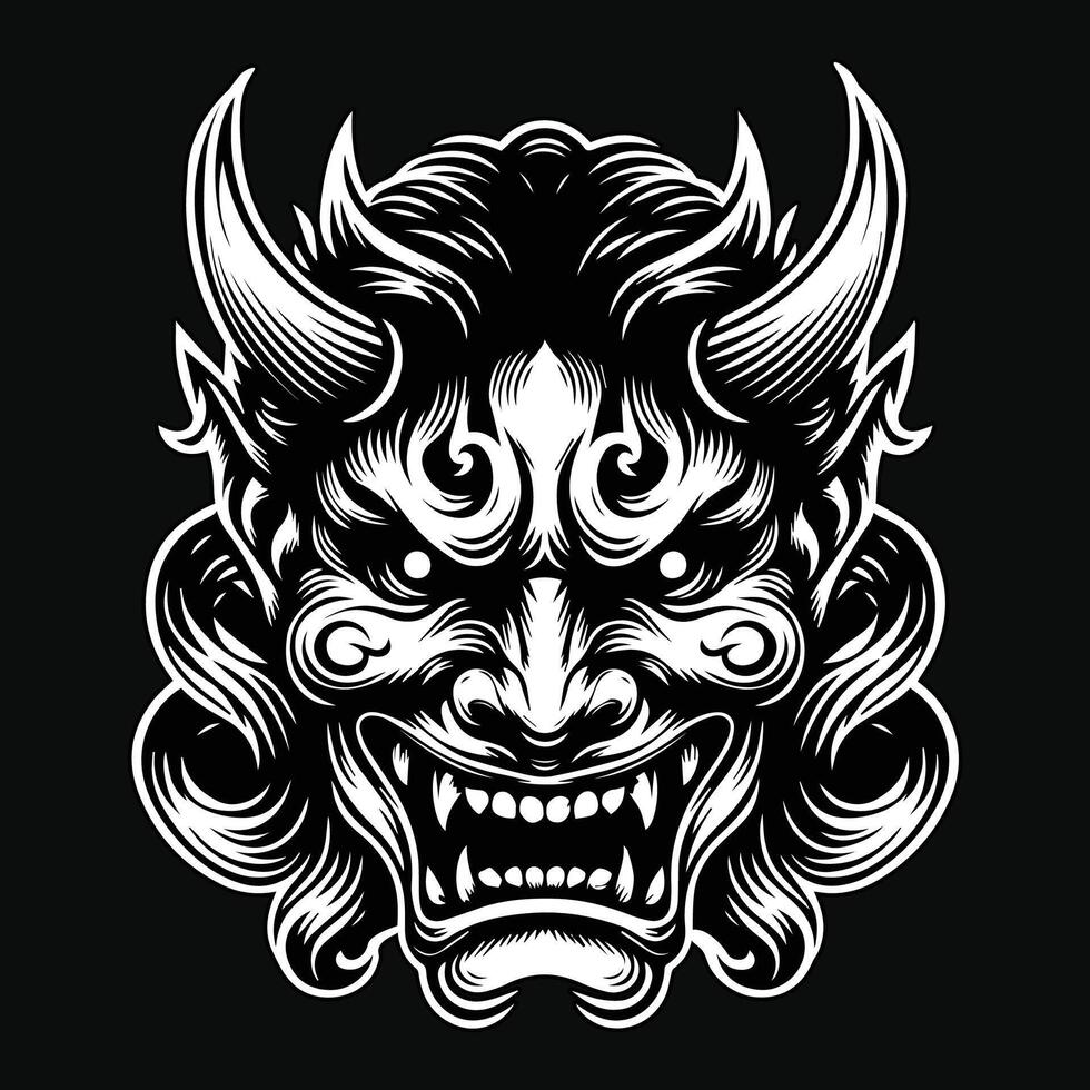 Dark Art Scary Japanese Hannya Mask Black and White Illustration vector