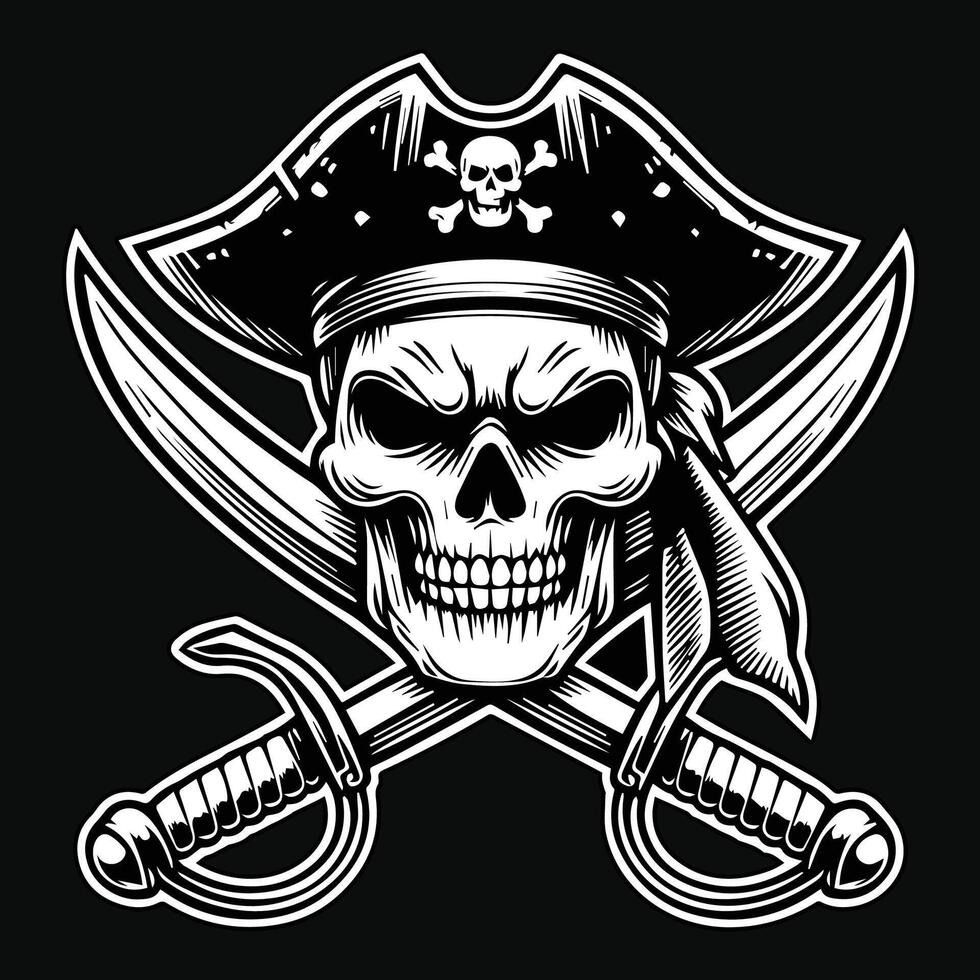 oscuro Arte piratas cráneo cabeza con sombrero piratas negro y blanco ilustración vector