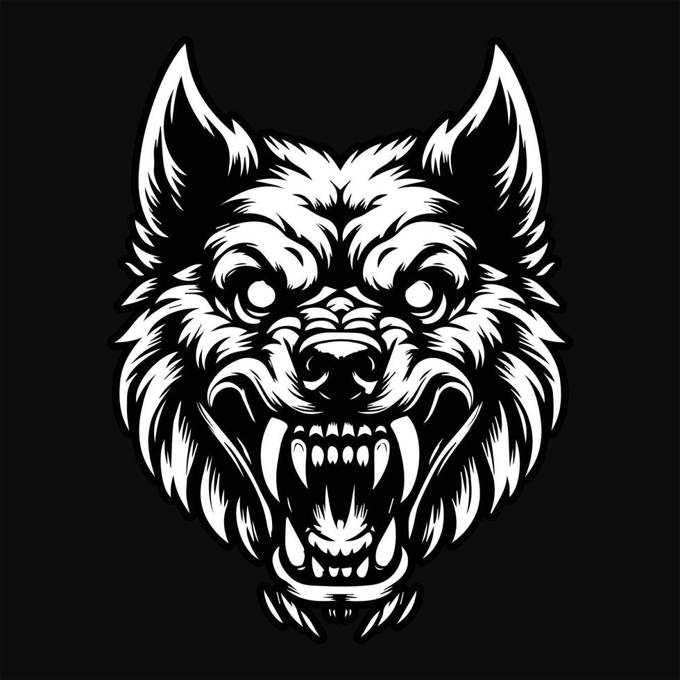 Dark Art Dog Angry Head with Sharp Teeth Black and White Illustration vector