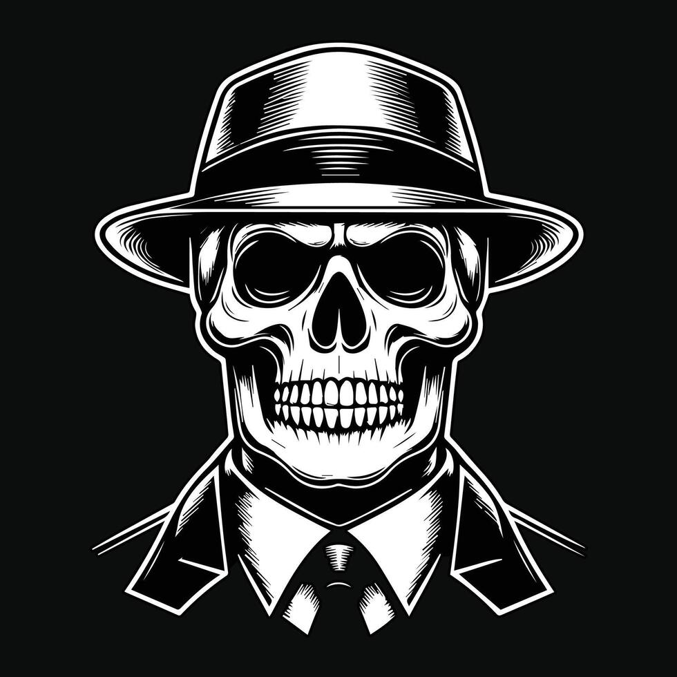 Dark Art Skull Mafia Head with Hat and Collar Black and White Illustration vector