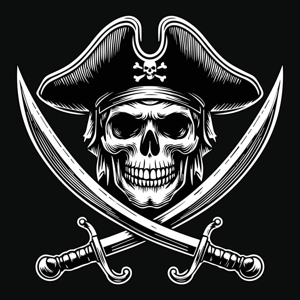 oscuro Arte piratas cráneo cabeza con sombrero piratas negro y blanco ilustración vector