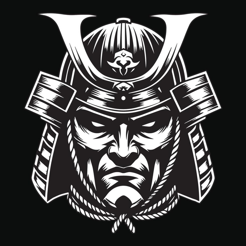 Dark Art Scary Japanese Samurai Mask Black and White Illustration vector