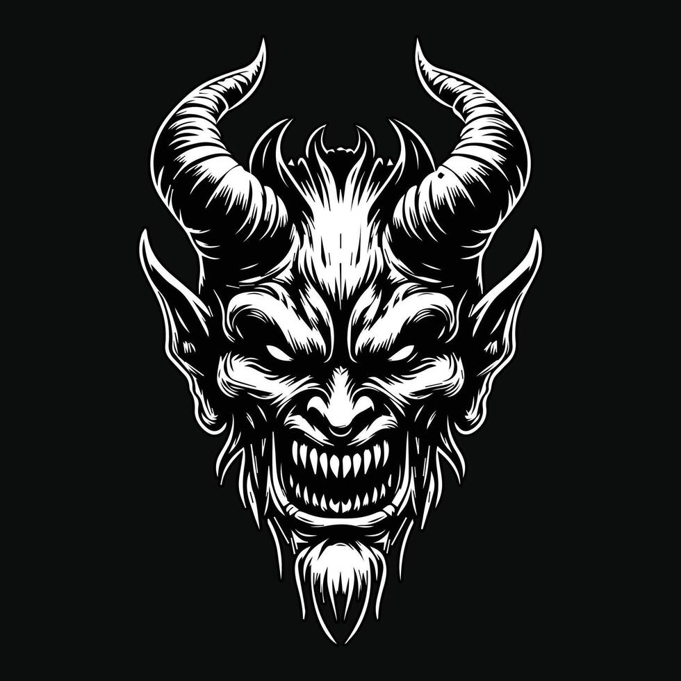 Dark Art Angry Demon Head Black and White Illustration vector