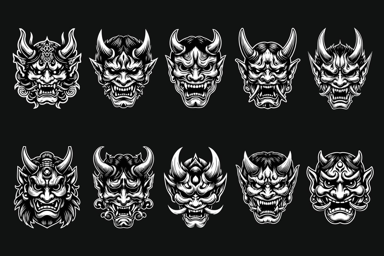 Dark Art Scary Japanese Oni Mask Black and White Illustration vector