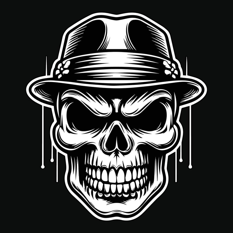 Dark Art Pirates Skull Head with Hat Pirates Black and White Illustration vector